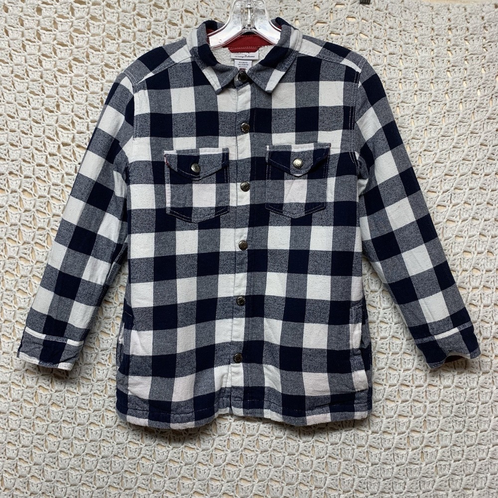 Tommy Bahama Boy's Flannel Plaid Shirt Jacket Youth L‎ (10-12 Navy Sherpa Lined